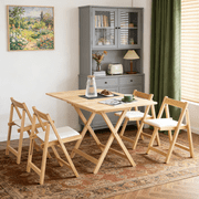 Zimtown 5 Pieces Dining Table Set, Wood Dining Set for 4-6 People, Foldable Dining Table with Wheels & Drawer, 4 Padded Folding Chairs, Rubber Wood Frame , Light Oak