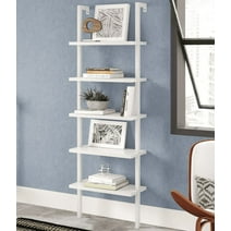 Zimtown 5-Shelf Wood Bookcase, Wall Mounted Learning Ladder Display Rack for Living Room, Bedroom, Office, White Finish