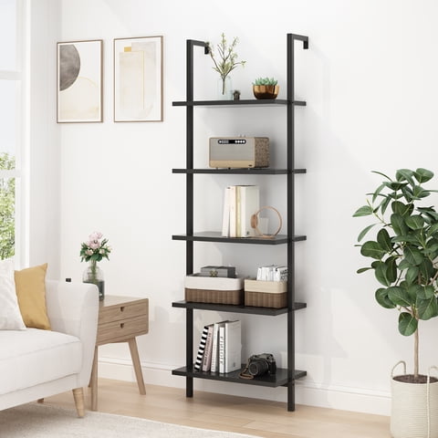 Zimtown 5-Shelf Wood Bookcase and Bookshelf, Wall Mounted Learning Ladder Display Rack, Black Finish