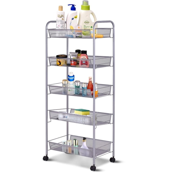 Zimtown 5-Tier Storage Rack Trolley Cart, Kitchen Pantry Rolling Utility Cart w/ Mesh Baskets, Silver