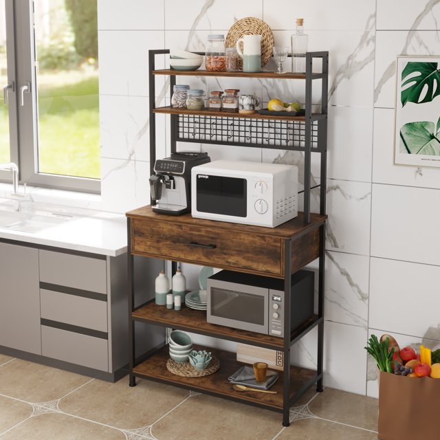Yaheetech - - Yaheetech Kitchen Bakers Rack with Power Outlet, 5-Tier Microwave Oven Stand Utility Storage Shelf with X Designed Metal Support, Coffee Bar Station, 35.5 x 16 x 65 inches, Rustic Brown Yaheetech - - Yaheetech Kitchen Bakers Rack with Power Outlet, 5-Tier Microwave Oven Stand Utility Storage Shelf with X Designed Metal Support, Coffee Bar Station, 35.5 x 16 x 65 inches, Rustic Brown