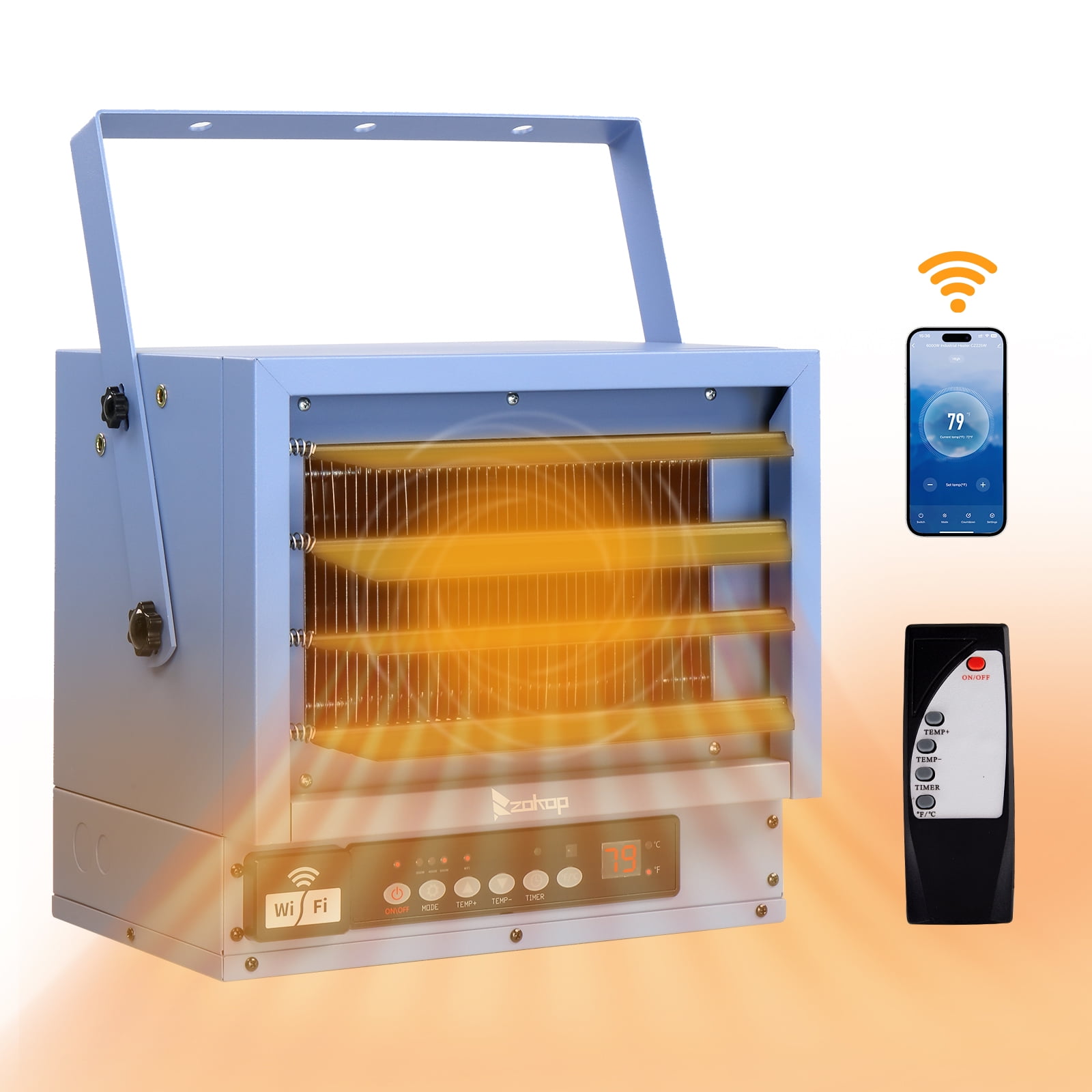 Zimtown 5000W Electric Garage Heater with Remote & APP Control, Digital Fan-Forced Ceiling Mount Heater with Thermostat, 12H Timer & Overheat Protection, 240V Hardwired Heater for Workshop Fact, Blue