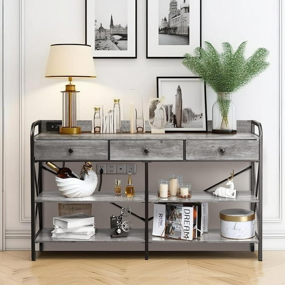 "Zimtown 55"" Industrial Console Table with Power Outlet and USB Ports, Gray, Suitable for Living"