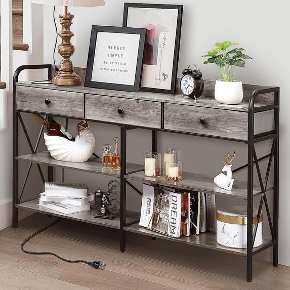 Zimtown Modern Console Table with Power Outlet, 55" Narrow Sofa Table Industrial Entryway Table with USB Ports, Behind Couch Table for Entryway, Hallway, Foyer, Living Room, Bedroom, Gray