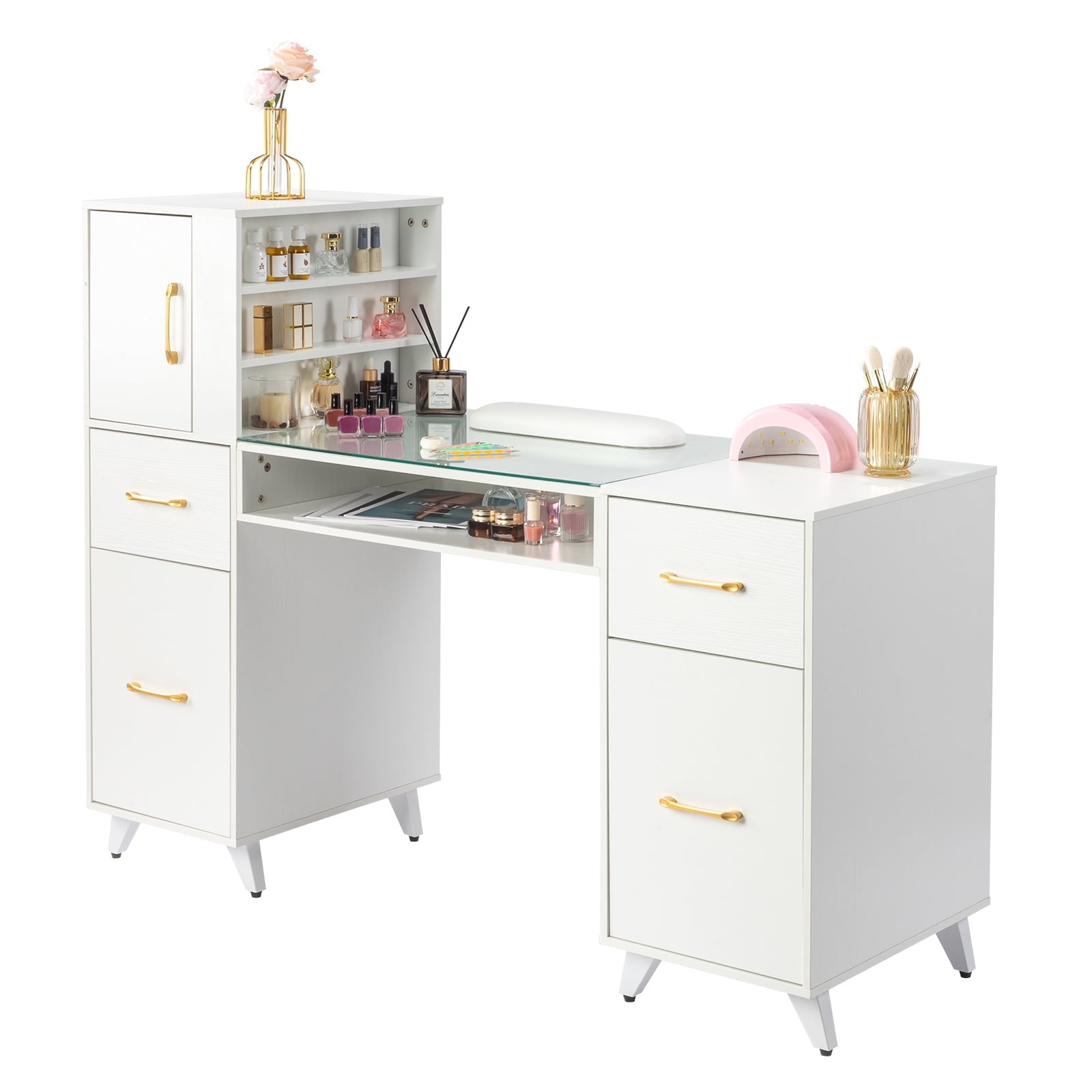 Zimtown 55"L*19"W*44"H Makeup Nail Desk Modern Salon Manicure Table for Nail Tech Glass Top, White