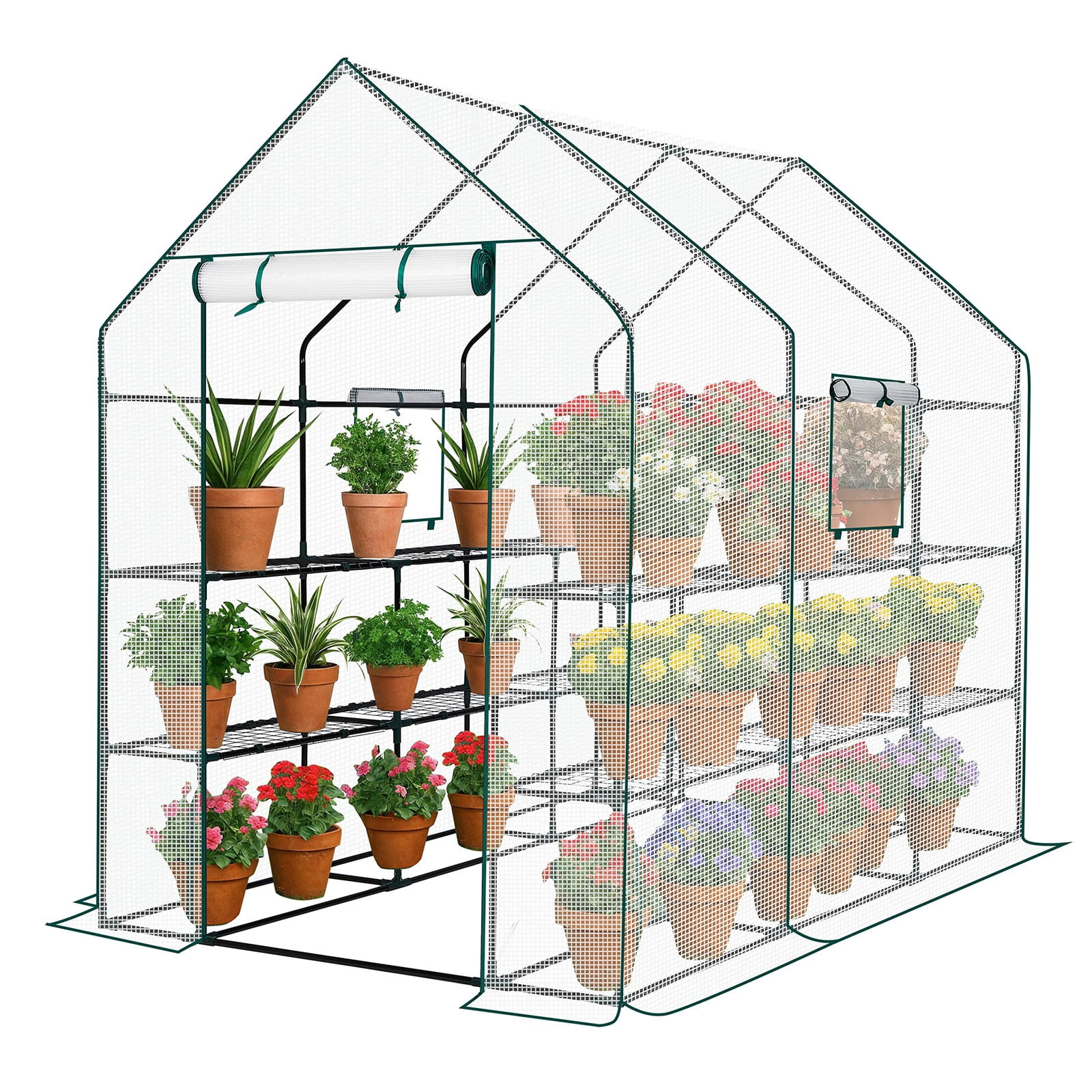 Zimtown 56" Walk-in Greenhouse with Shelves, PE Cover, Roll-Up Door, for Plants Indoor Outdoor, White