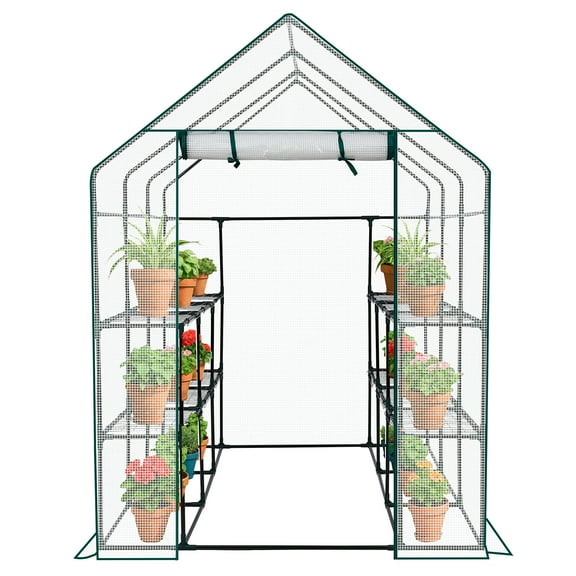 Zimtown 56"x56" Walk-In Greenhouse with 8 Shelves, PE Cover, Zippered Door, Vent Window, Sturdy Frame, White