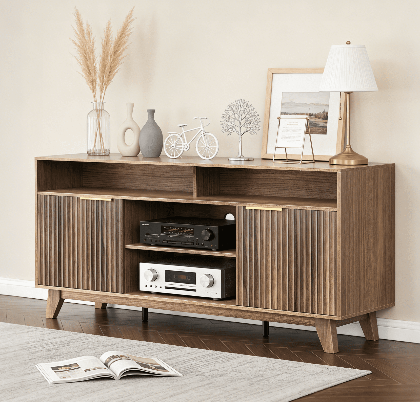 Zimtown 58" Mid-Century TV Stand with Fluted Doors, Light Oak Wood