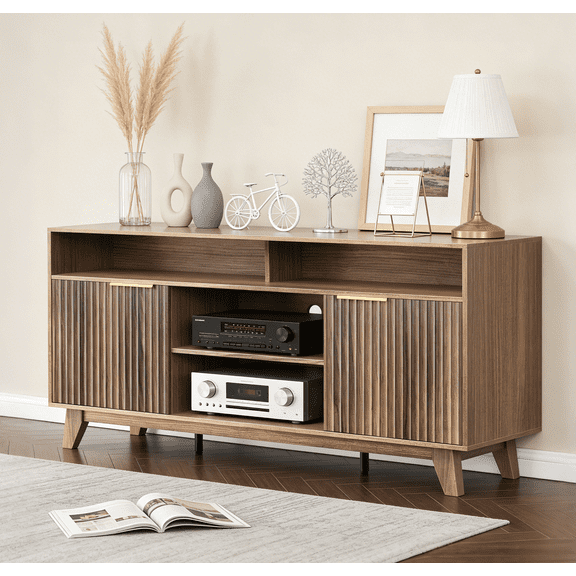 Zimtown 58" Mid-Century TV Stand with Fluted Doors, Light Oak Wood Television Stand with Storage for 60inches TV, Modern Entertainment Center