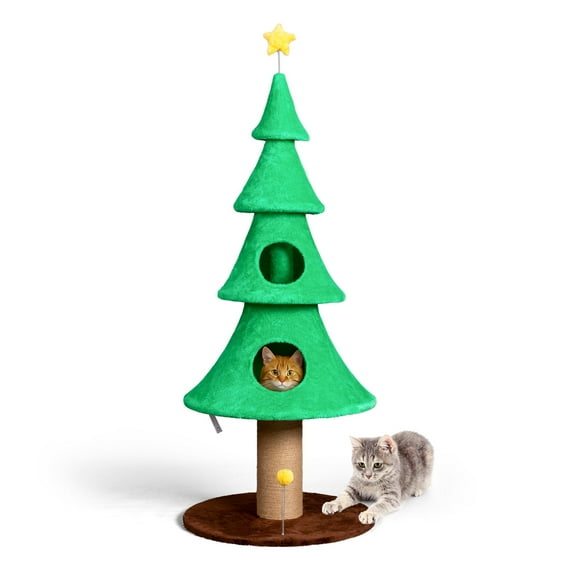 Zimtown 59in Large Tall Christmas Tree Cat Tower with 2 Cat Condos & Scratching Post, Soft Fleece Cat Tree with Teaser Toy & Sturdy Base & Built-in Openings for Indoor Cats, Green