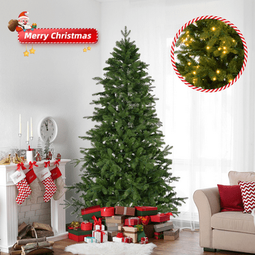 Zimtown 6 FT Pre-lit Christmas Tree, Spruce Tree with 300 LED Lights, Holiday Decoration Tree for Party Store Office Home