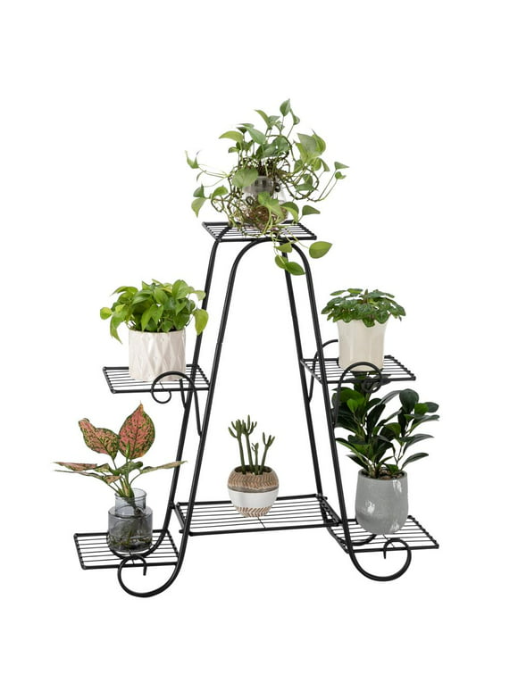 Zimtown 6-Layer Wrought Iron Triangle Potted Plant Stand for Outdoor Indoor Use Black