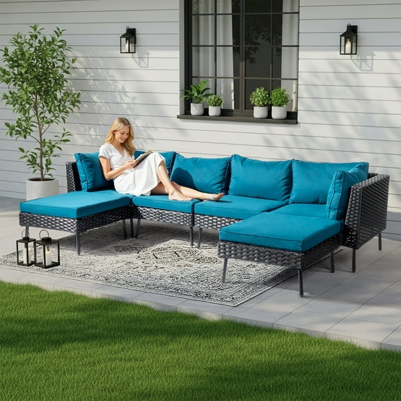Zimtown 6-Pc Modular Patio Sectional, Black Rattan Wicker Set with Removable Peacock Green Cushions