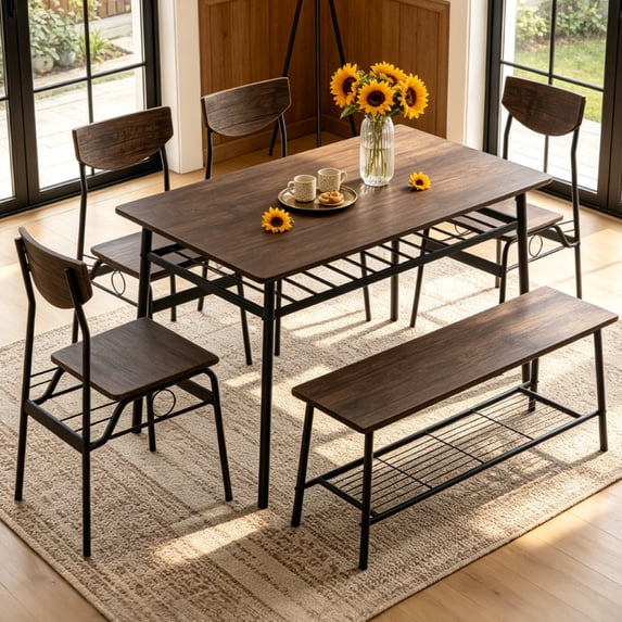 Zimtown 6-Piece Modern Dining Set for Home, Kitchen, Dining Room Table Set with Storage Racks, Rectangular Table, Bench, 4 Chairs, Steel Frame, Deep Elm Color