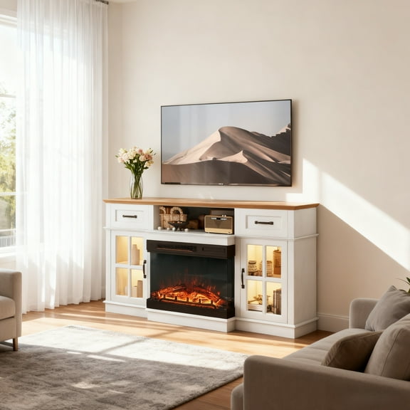 Zimtown 60" Mid-Century Fireplace TV Stand, LED Heating Entertainment Center with Electric Fireplace Mantel for 55~65 inches TVs, White