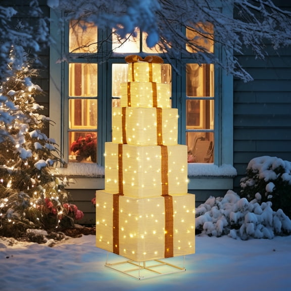 Zimtown 6FT Lighted Gift Boxes Christmas Decorations Gift Boxes Pop-Up Design,Golden