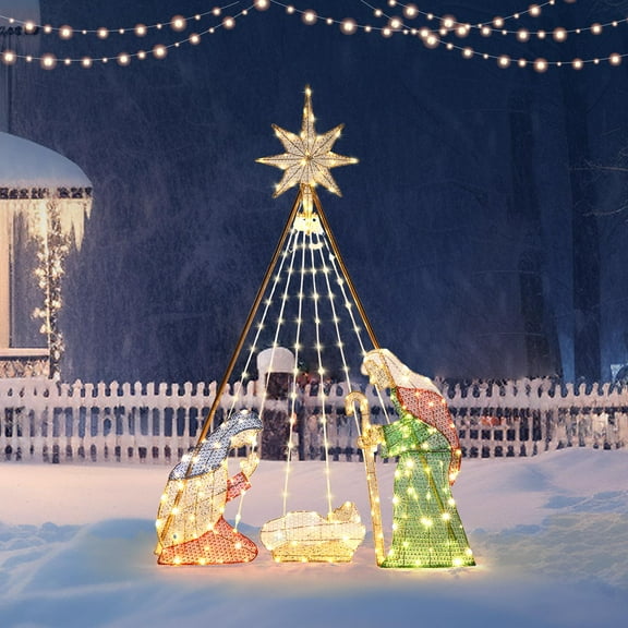 Zimtown 6ft Nativity Set Outdoor Nativity Scene Christmas Lighted Decoration Christmas Outdoor Decor w/ 220 Leather Thread Light