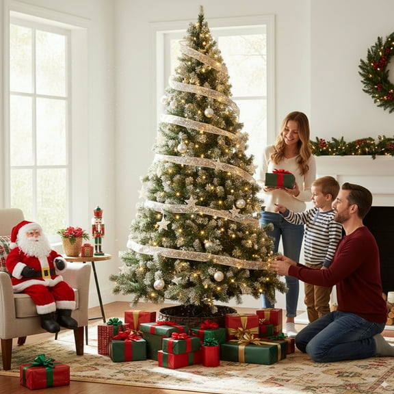 Zimtown 7.5ft Tree Pre-Decorated Christmas Tree with Ribbons and Base 350 Lights Warm Color 8 Modes 1200 Branches Tree