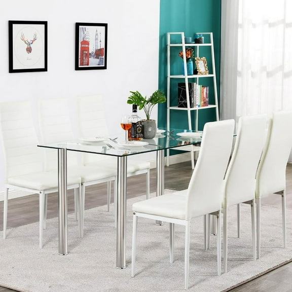 Zimtown 7 Piece Dining Table Set Tempered Glass Top Table and 6 Chairs with Metal Frame and Padded Seating Kitchen Room White