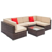 Zimtown 7 Pieces Outdoor Sectional Sofa Patio Furniture Sets ,Wicker Conversation Sets, Patio Furniture Set for Outdoor, Iron Frame with Thick Cushion