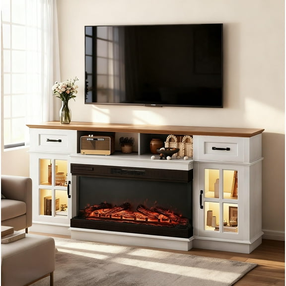 Zimtown 70" Mid-Century Fireplace TV Stand, LED Heating Entertainment Center with Electric Fireplace Mantel for 65~75 inches TVs, White