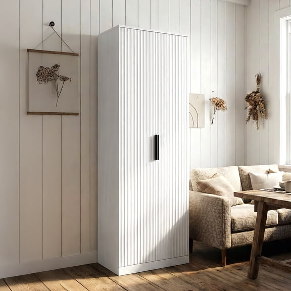 Zimtown 70" Modern Boho Pantry Cabinet, White Storage Wardrobe with 2 Fluted Doors & 5 Adjustable Shelves, Tall Closet for Bedroom/Kitchen/Clothes Storage