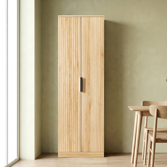 Zimtown 70" Modern Wardrobe Closet, Farmhouse Bedroom Armoire Storage Cabinet with 2 Fluted Door & 5 Adjustable Shelves, Natural