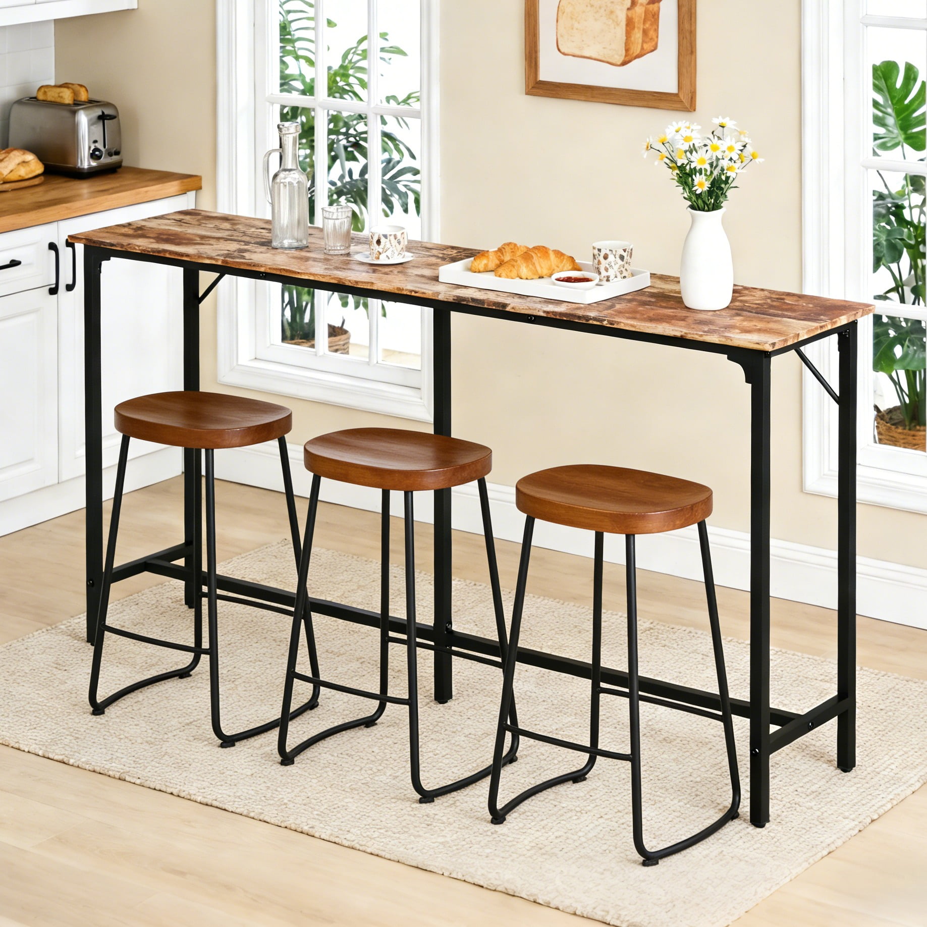 Zimtown 71" Mid-Century Narrow Pub Table, Rustic Brown Counter Height Bar Table with Footrest, Sturdy Metal Frame Wood Breakfast Table for Dining Room (Only Table)