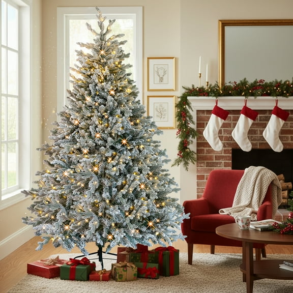 Zimtown 7ft Snow Flocked Christmas Tree, Pre-lit Artificial Christmas Tree,400 Lights w/ 8 Modes for Holiday Party, Office, Home