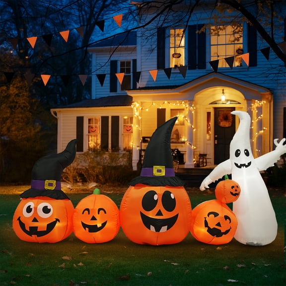 Zimtown 8 FT Halloween Inflatables Pumpkin, Halloween Decoration 5 Blow up Pumpkins,Ghost w/ Build-in LEDs for Halloween Party