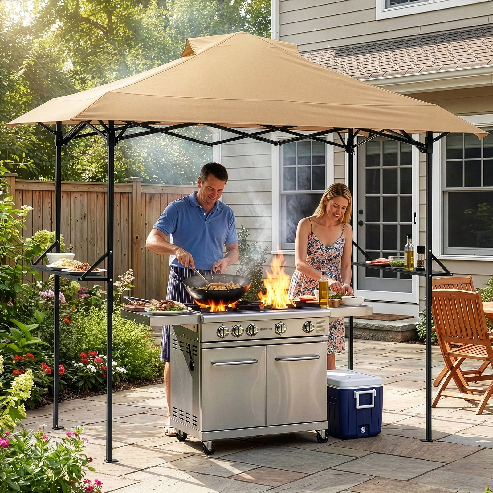 Zimtown 8' x 5' Grill Gazebo All-Weather Steel Construction w/ Bag for Patio, Backyard, BBQ (Khaki)