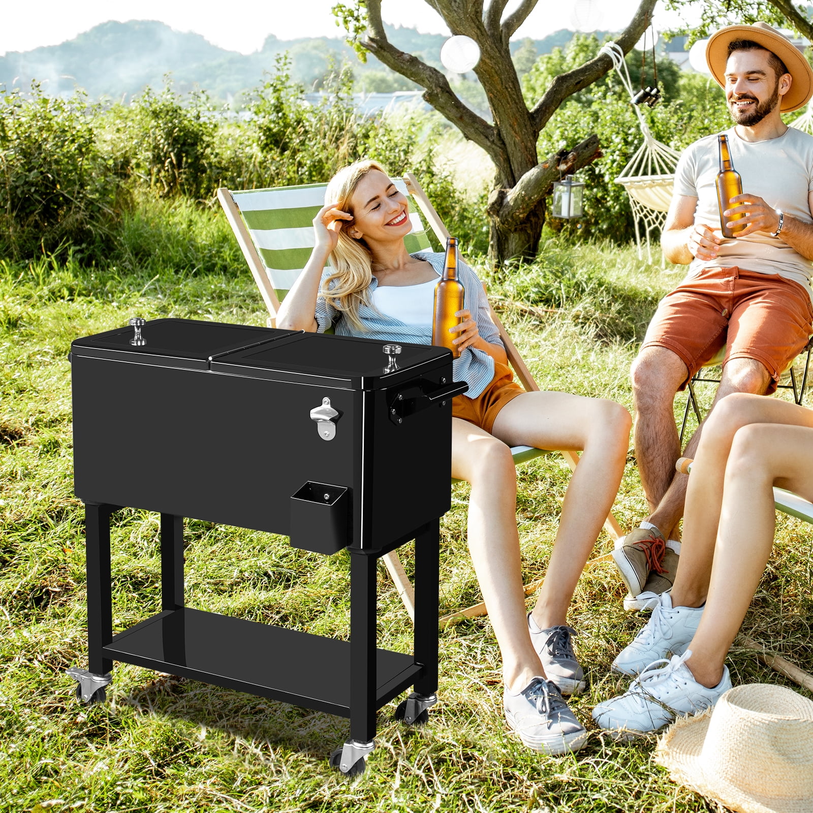 Zimtown 80QT Cooler Cart Rolling with Shelf Wood Grain Accent Outdoor Bar Cart with Cooler Black Zimtown 80QT Cooler Cart Rolling with Shelf Wood Grain Accent Outdoor Bar Cart with Cooler Black