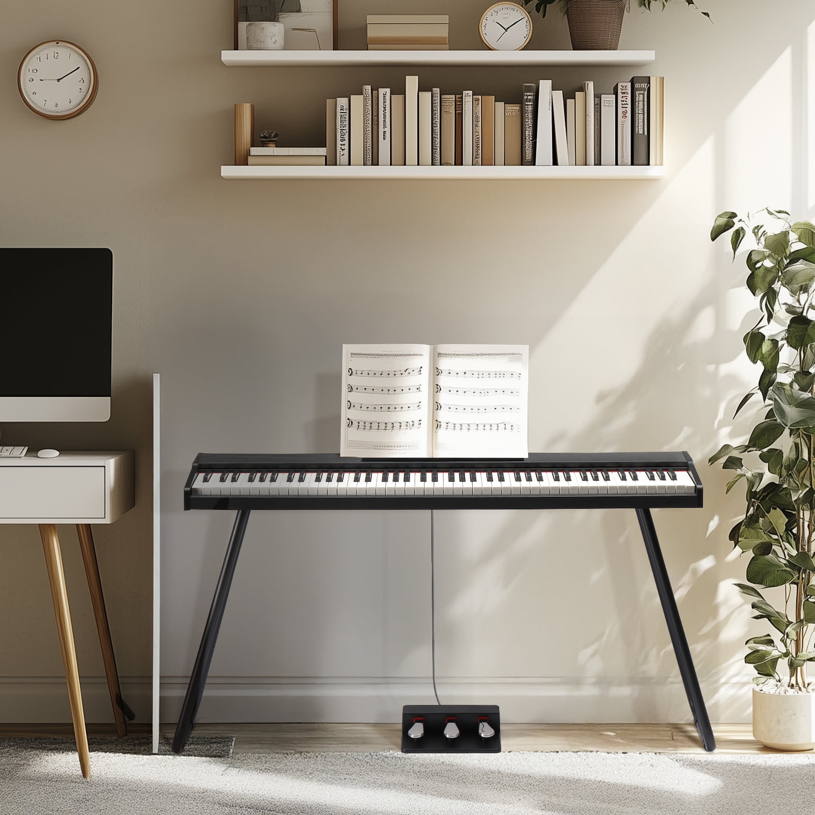 Zimtown 88-Key Digital Piano Semi-Weighted  with Triple Pedal, Headphones, Black