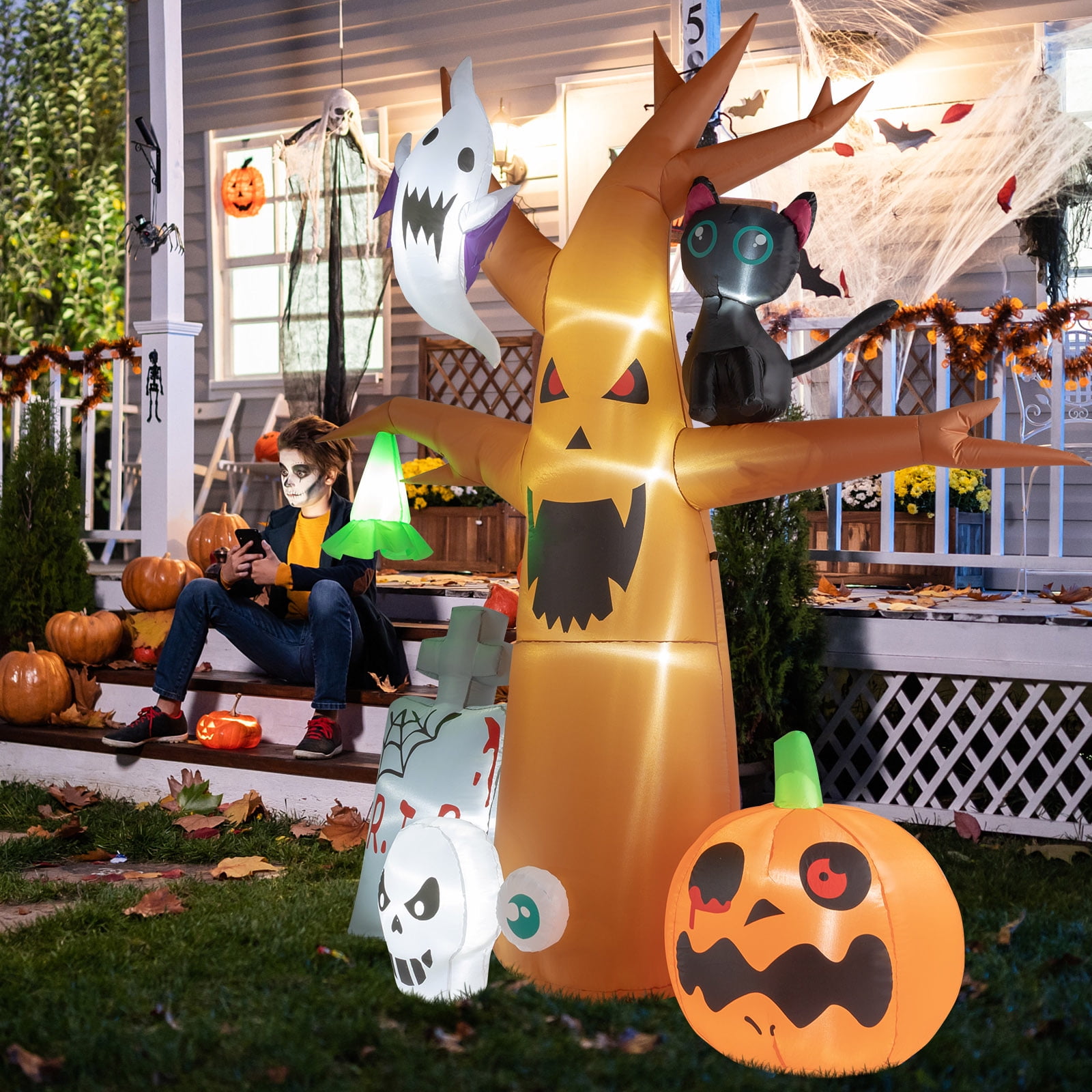 Zimtown 8FT Halloween Inflatables Outdoor Halloween Tree w/ Tombstone ...