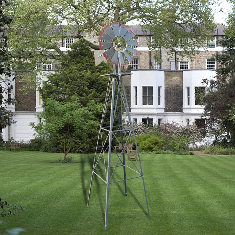 8FT Weather Resistant Yard Garden Windmill Gray & Red 8FT Weather Resistant Yard Garden Windmill Gray & Red