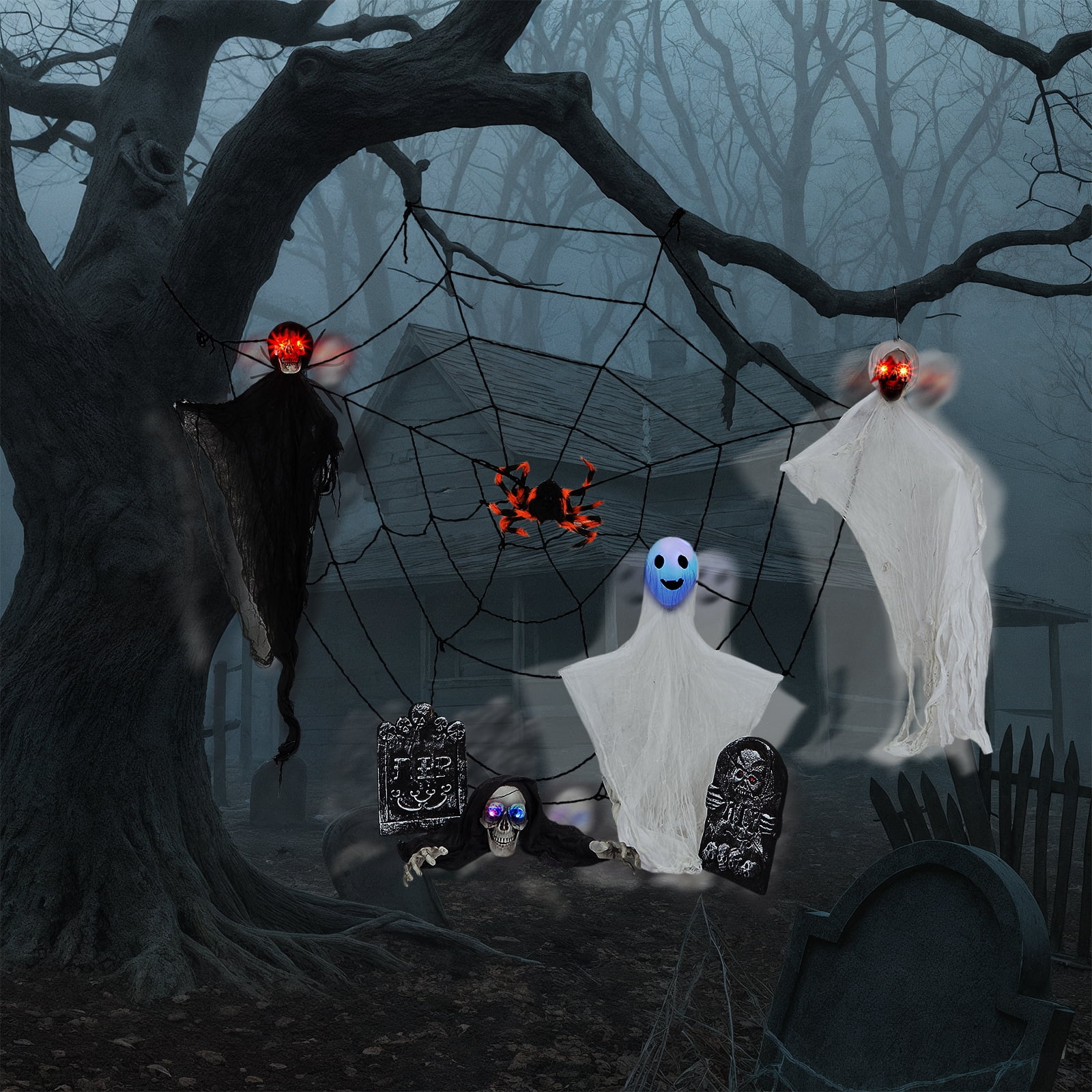 Zimtown 8pcs Halloween Animatronic Ghost Set Halloween Outdoor Hanging Decoration w/ Ghosts,Tombstone,Spider,Spider Web