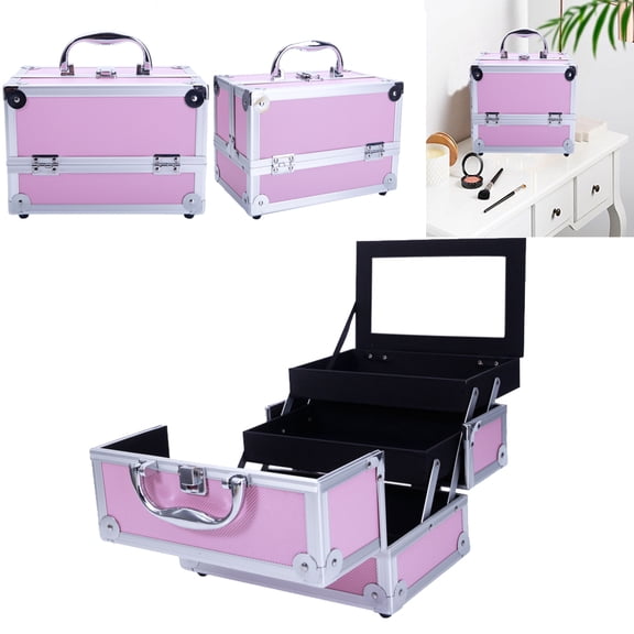 Zimtown 9"x6"x6" Pro Aluminum Makeup Train Jewelry Storage Box Cosmetic Bag Lockable Case Organizer Pink