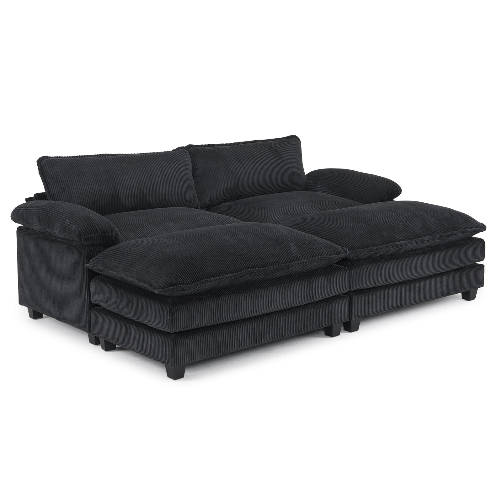 Zimtown 90“ Sofa Bed Couch with Pillow Arms and Double Layer Cushions, Corduroy Loveseat Sofa with Removable Ottoman for Living Room, Black