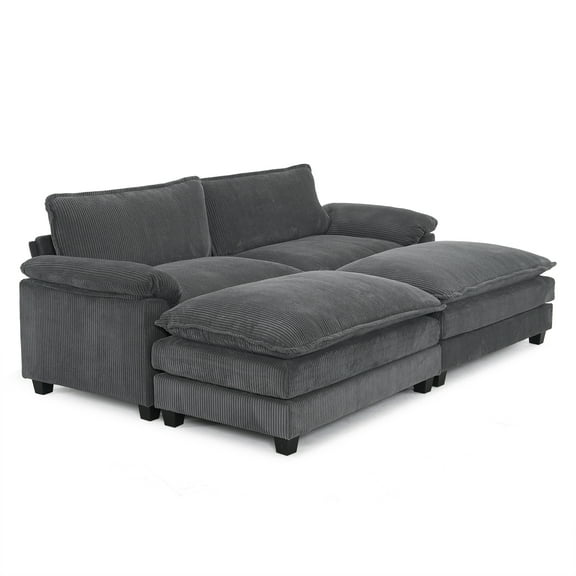 Zimtown 90“ Sofa Bed Couch with Pillow Arms and Double Layer Cushions, Corduroy Loveseat Sofa with Removable Ottoman for Living Room, Gray