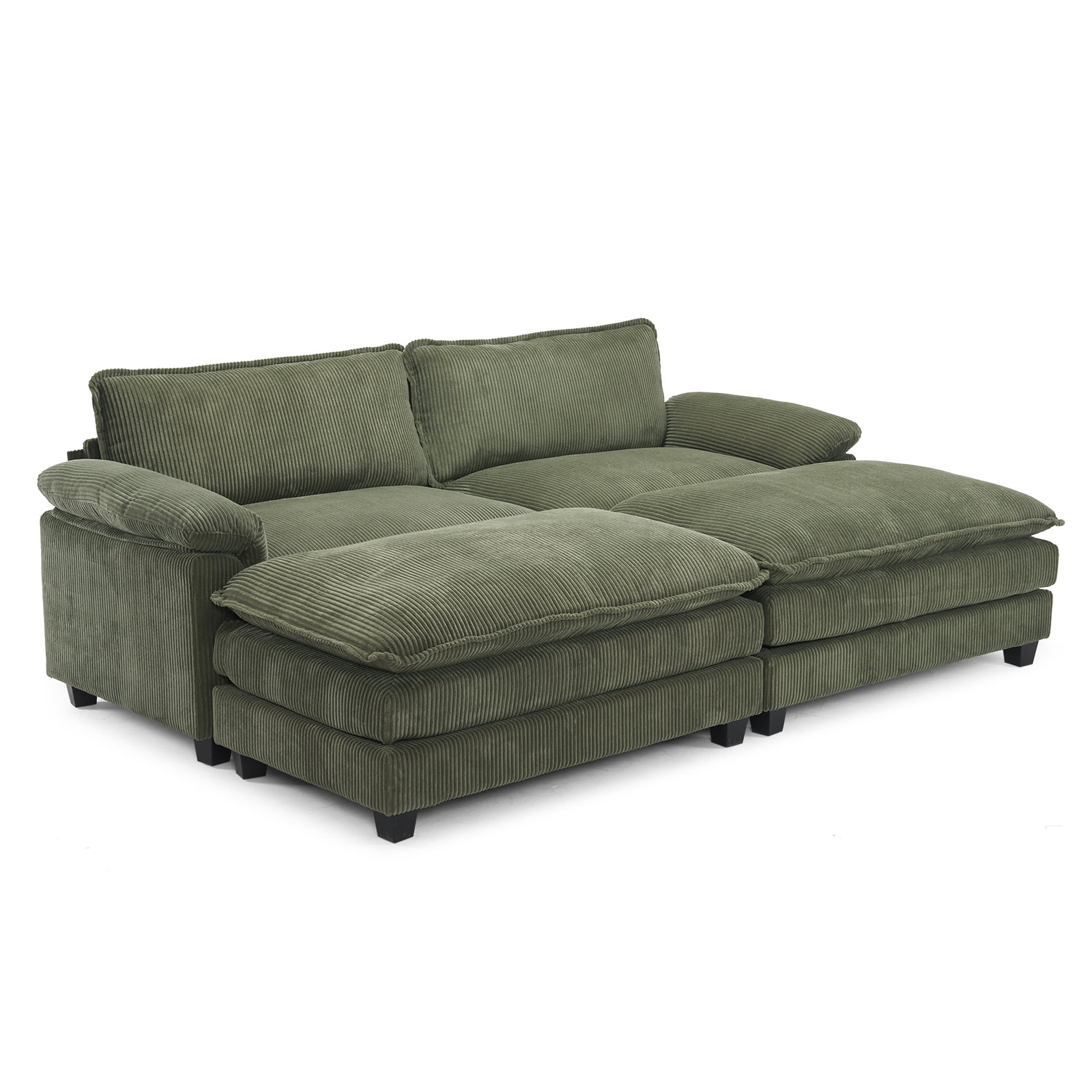 Zimtown 90" Sofa Bed Couch with Pillow Arms and Double Layer Cushions, Corduroy Loveseat Sofa with Removable Ottoman for Living Room, Green