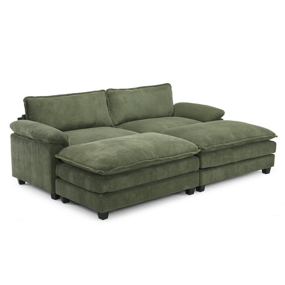Zimtown 90“ Sofa Bed Couch with Pillow Arms and Double Layer Cushions, Corduroy Loveseat Sofa with Removable Ottoman for Living Room, Green