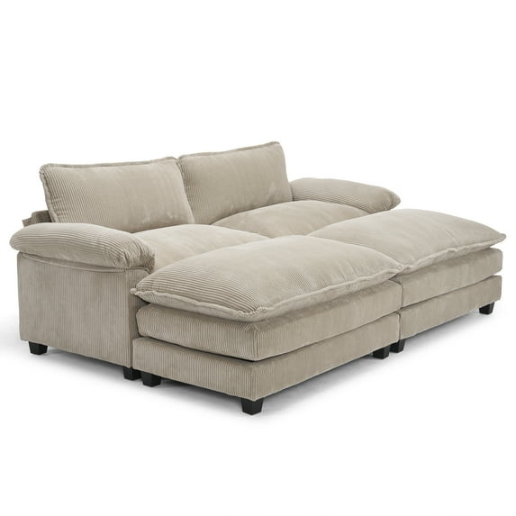 Zimtown 90“ Sofa Bed Couch with Pillow Arms and Double Layer Cushions, Corduroy Loveseat Sofa with Removable Ottoman for Living Room, Khaki