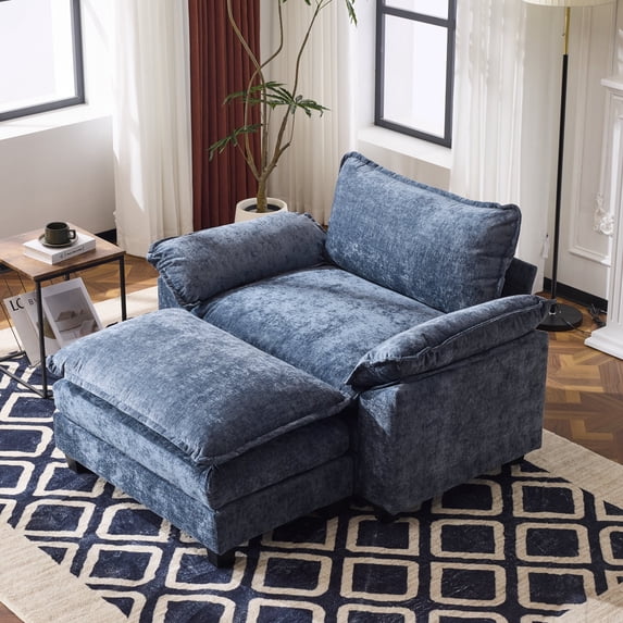 Zimtown Accent chair with Ottoman, Oversized Single sofa with Chaise for Convertible Chenille Fabric Sofa Set Living Room Furniture Gray-Blue