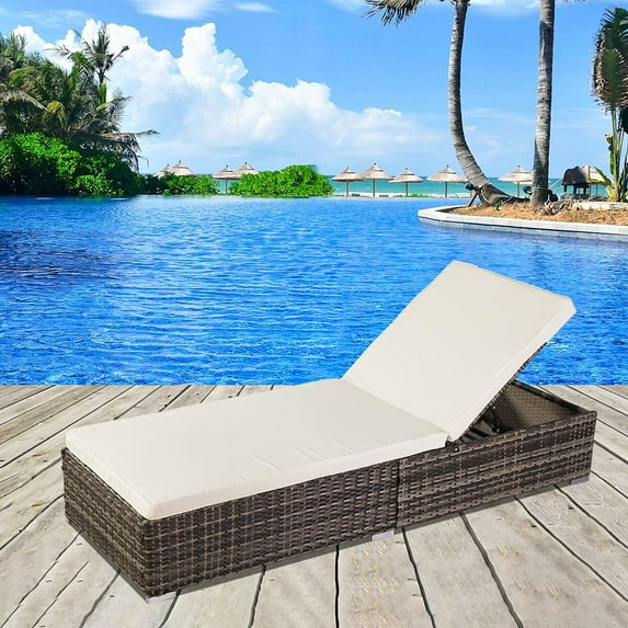 Zimtown Adjustable Pool Chaise Lounge Chair, Pool Chair Outdoor Patio Furniture PE Wicker W/ Cushion Brown Black Gray Optional