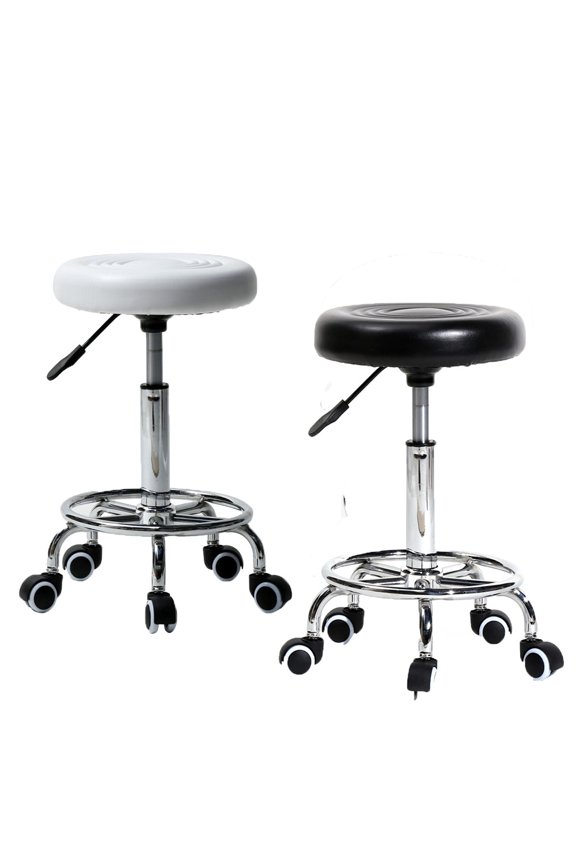 Adjustable Stool Rolling Salon Stool with Round Foot Rest, Black/White