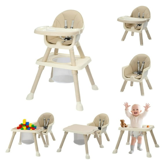 Zimtown Baby High Chair, 6 in 1 Convertible High Chairs for Babies and Toddlers, Portable Feeding Chair with 5-Point Safety Harness, Adjustable Dining Tray, Beige