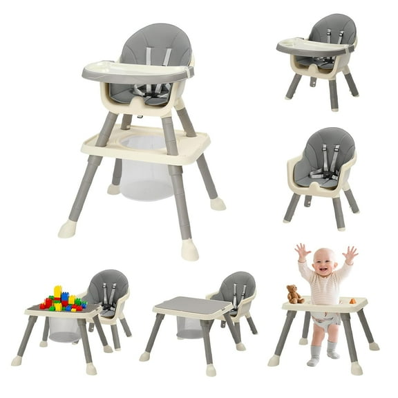 Zimtown Baby High Chair, 6 in 1 Convertible High Chairs for Babies and Toddlers, Portable Feeding Chair with 5-Point Safety Harness, Adjustable Dining Tray, Gray