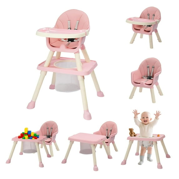 Zimtown Baby High Chair, 6 in 1 Convertible High Chairs for Babies and Toddlers, Portable Feeding Chair with 5-Point Safety Harness, Adjustable Dining Tray, Pink