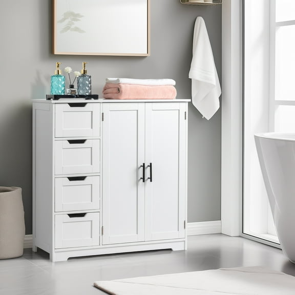 Zimtown Bathroom Floor Storage Cabinet, Freestanding Kitchen Side Organizer W/ 4 Drawers & 1 Cupboard & Adjustable Shelf, White