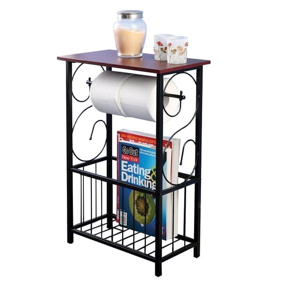 Zimtown Bathroom Table and Stand with Toilet Paper Roll-Bar Holder and Storage Rack - Black Metal Frame with Scroll Design, Walnut Color Wood Top - Ideal to Keep Essential Toiletries at Easy Reach